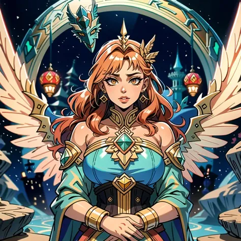 ((masterpiece), best quality, high quality, professional quality, highly detailed, highres, perfect lighting, natural lighting), colossal, interstellar spaceship, A frigid ice world with sprawling glaciers and vast underground oceans, harboring unique aquatic life., Ice Planet, hippogriff,Make a magnificent, ultra-detailed illustration, Winged deity with a serene expression and celestial wings, Phenom, Tall, Fit, Heart-Shaped Face, Dark Skin, Golden Blonde Hair, Hazel Eyes, [[Curved Nose]], Thick Lips, Sharp Chin, Shoulder-Length Hair, Curly Hair, Blunt Bangs, perky breasts, Cuff earrings, light pink sheer lipstick, surrealism oil painting, flamboyant, Scratches,middle earth, Cleric Healing the wounded with a touch, Maestro, Average Height, Lean, Diamond-Shaped Face, Tan Skin, Red Hair, gold Eyes, Straight Nose, Pouty Lips, Sharp Chin, Imperial, Bald, Wavy, A sprawling castle, perched high on a rocky cliff overlooking the sea, Tolkien