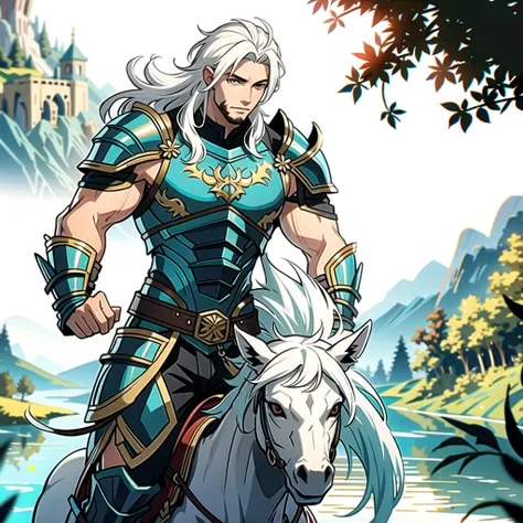 ((masterpiece), best quality, high quality, professional quality, highly detailed, highres, perfect lighting, natural lighting), (1boy, muscular, handsome, no facial hair, medium length hair, white hair), wearing armor, riding a dragon, by a lake