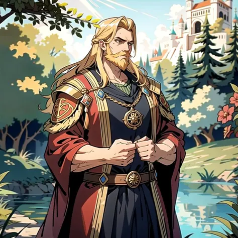 ((masterpiece), best quality, high quality, professional quality, highly detailed, highres, perfect lighting, natural lighting), (1boy, muscular, handsome, long beard, long hair, blonde hair), wearing wizard robes, fighting, by a lake