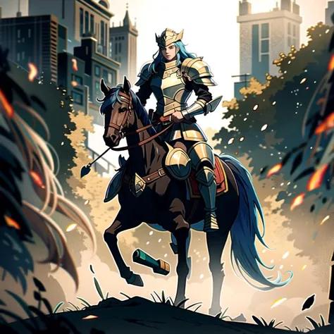((masterpiece), best quality, high quality, professional quality, highly detailed, highres, perfect lighting, natural lighting), knight, wearing armor, holding weapon, horseback, stallion, battle against army
