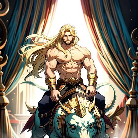 ((masterpiece), best quality, high quality, professional quality, highly detailed, highres, perfect lighting, natural lighting), (1boy, muscular, handsome, no facial hair, long hair, blonde hair), wearing fantasy clothing, riding a dragon, in a fantasy town