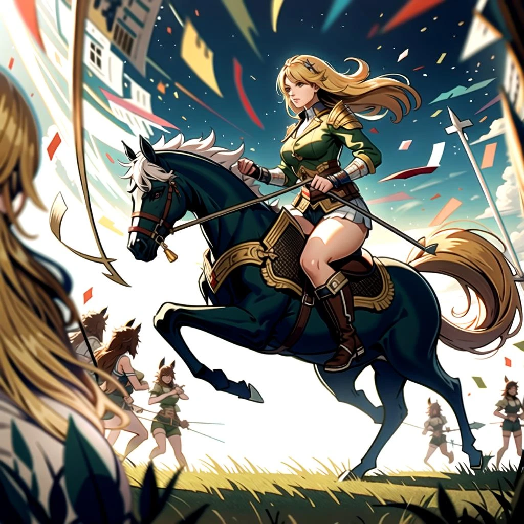 ((masterpiece), best quality, high quality, professional quality, highly detailed, highres, perfect lighting, natural lighting), female centaur, charging, bow and arrow drawn, in battle against army