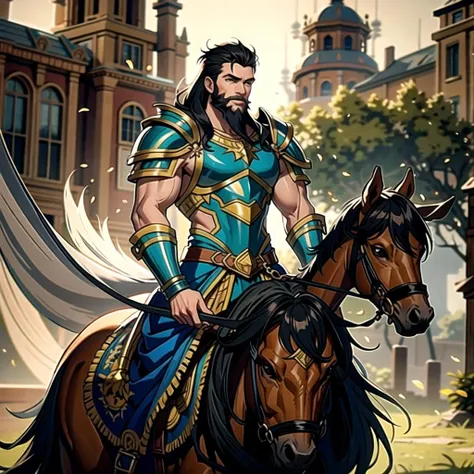 ((masterpiece), best quality, high quality, professional quality, highly detailed, highres, perfect lighting, natural lighting), (1boy, muscular, handsome, long beard, medium length hair, black hair), wearing armor, riding a horse, in a fantasy town