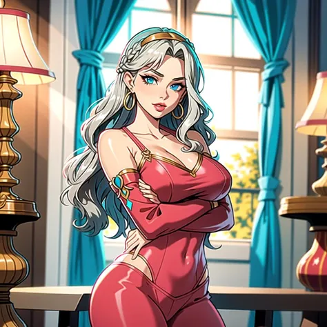 ((masterpiece), best quality, high quality, professional quality, highly detailed, highres, perfect lighting, natural lighting), Generate a breathtaking, highly detailed illustration, Teal Sheer Chemise with Cutouts, Firm, Round Face, Medium Skin, Narrow Nose, Pouty Lips, Square Chin, Cherry sheer lipstick, headband, silver Curly Hair Medium-Length Hair Waves, arms outstretched,boat pose, yoga onesie, Luminary, Tall, Slim, Square Face, Olive Skin, Brunette Hair, light blue Eyes, Narrow Nose, Thin Lips, Sharp Chin, Shoulder-Length Hair, Wavy Hair, Side French Braid, saggy breasts, Hoop earrings, light pink matte lipstick