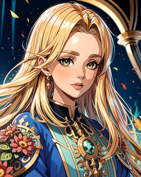 ((masterpiece), best quality, high quality, professional quality, highly detailed, highres, perfect lighting, natural lighting), Necromancer, Icon, Tall, Sculpted, Oval Face, Fair Skin, Golden Blonde Hair, hazel Eyes, Narrow Nose, Thin Lips, Receding Chin, Van Dyke, Short, Spiky, An enchanted meadow, with colorful flowers and magical creatures roaming free
