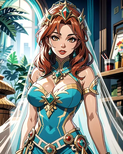 ((masterpiece), best quality, high quality, professional quality, highly detailed, highres, perfect lighting, natural lighting), Build a top-notch, best quality illustration, Mysterious enchantress with a veil and an aura of magic, Baroness, Short, Narrow Hips, Square Face, Tan Skin, Red Hair, dark brown Eyes, Straight Nose, Thin Lips, Round Chin, Shoulder-Length Hair, Coarse Hair, Low Chignon, full breasts, , teal matte lipstick, Land Art, imaginative, Pattern