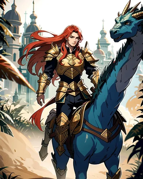 ((masterpiece), best quality, high quality, professional quality, highly detailed, highres, perfect lighting, natural lighting), (1boy, slender, handsome, no facial hair, long hair, red hair), wearing armor, riding a dragon, on a battlefield