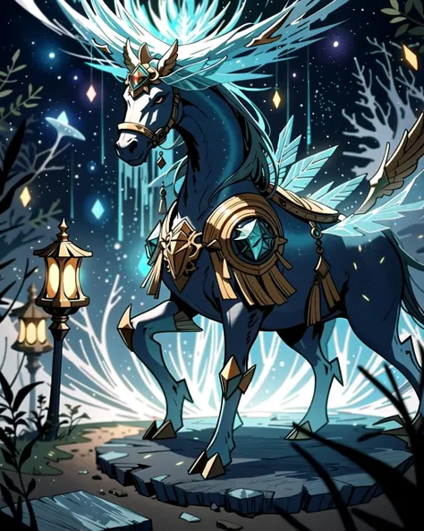 ((masterpiece), best quality, high quality, professional quality, highly detailed, highres, perfect lighting, natural lighting), thriving, interstellar spaceship, A world covered in dense, otherworldly forests, where the trees emit a bioluminescent glow during the long nights., Ice Planet, griffin, pegasus