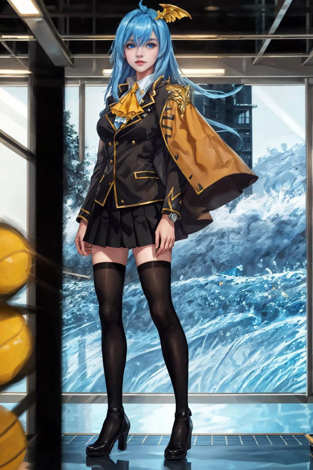 8K,highres,absurdres,masterpiece,best quality,original,extremely detailed CG,extremely detailed wallpaper,perfect lighting,<lyco:GoodHands-beta2:1>,1girl,blurry_background,looking_at_viewer,standing,
<lora:WangQiuer:0.6>,the tennis ball,very long hair,blue eyes,black skirt,large breasts,hair ornament,black thighhighs,school uniform,blue hair,jacket,pleated skirt,ascot,