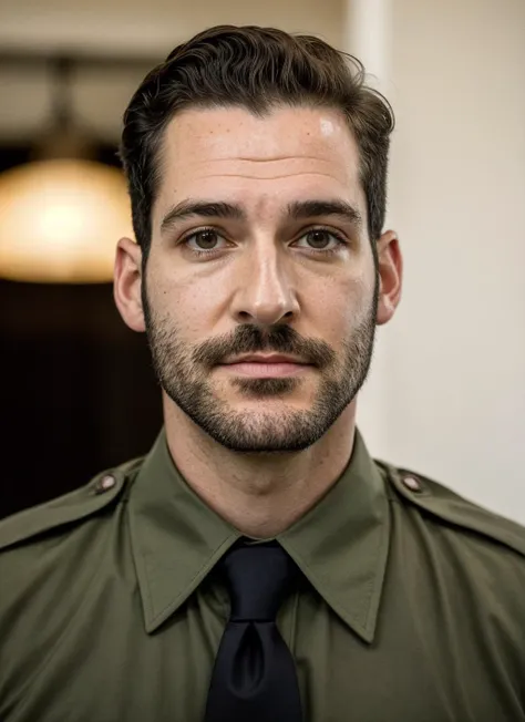 portrait photo of 25 years handsome tomellis-ti  , natural lighting <lora:skin_slider_v2_1_FACE:0.3> <lora:add_detail:0.7> ,  epiCPhoto, by Gerda Taro, bearded, official uniform