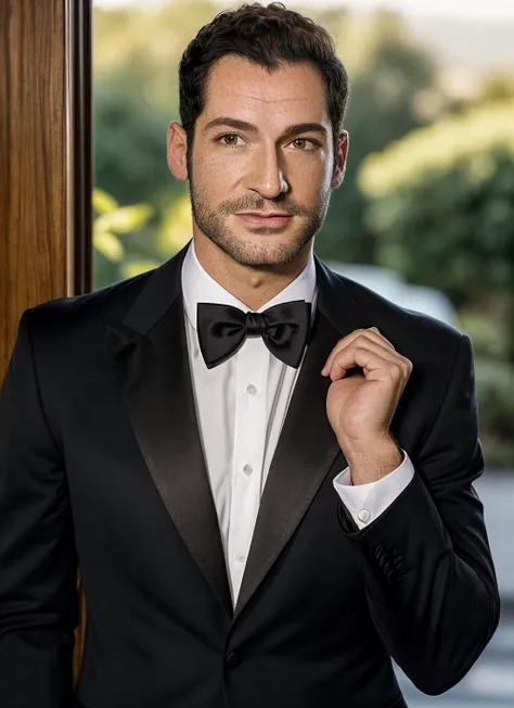 portrait photo of 25 years handsome (tomellis-ti:1.2)  , natural lighting <lora:skin_slider_v2_1_FACE:0.3> <lora:add_detail:0.7> ,  epiCPhoto, by David LaChapelle, (bearded:1.2), official uniform  , smiling, black tuxedo