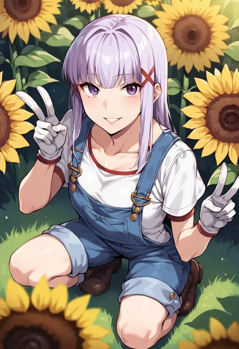 score_9, score_8_up, score_7_up, source_anime, 1girl, solo, looking at viewer, jeloejsk, light purple hair, x hair ornament, overalls, short sleeves, sunflower field, outdoors, squatting, peace sign, hand up, from above, white gloves, sunflower, purple eyes, smile, parted lips