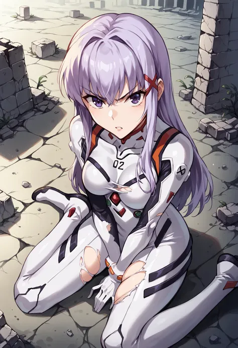 score_9, score_8_up, score_7_up, source_anime, 1girl, solo, looking at viewer, jeloejsk, light purple hair, x hair ornament, white bodysuit, plugsuit, interface headset, pilot suit, (neon genesis evangelion:0.9), ruins, outdoors, (overgrown), (post-apocalypse), wariza, from above, w sitting, purple eyes, building, rubble, vines, hand between legs, (torn clothes:1.4), torn bodysuit, angry, parted lips