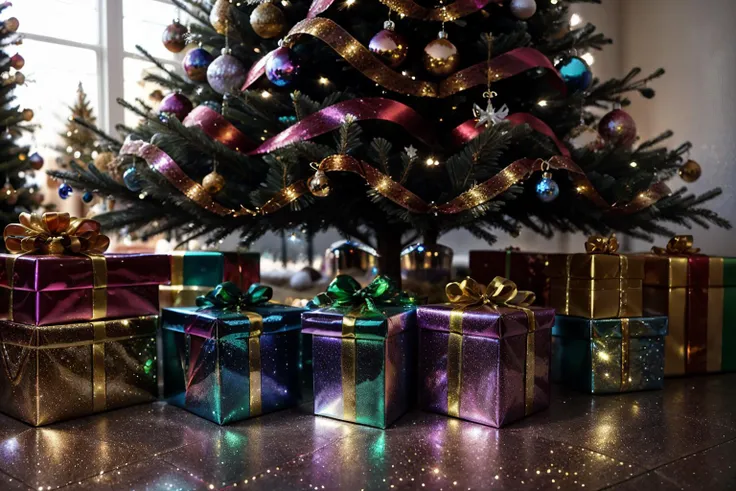 Christmas presents under the tree, glitter and chrome
<lora:Glitter_and_Chrome:1>, (((best quality)), ((masterpiece)), detailed)