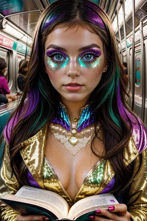 photograph, glitter and chrome eyes of a woman reading a book on the subway, <lora:add_detail:0.25> <lora:Glitter_and_Chrome:1.2>