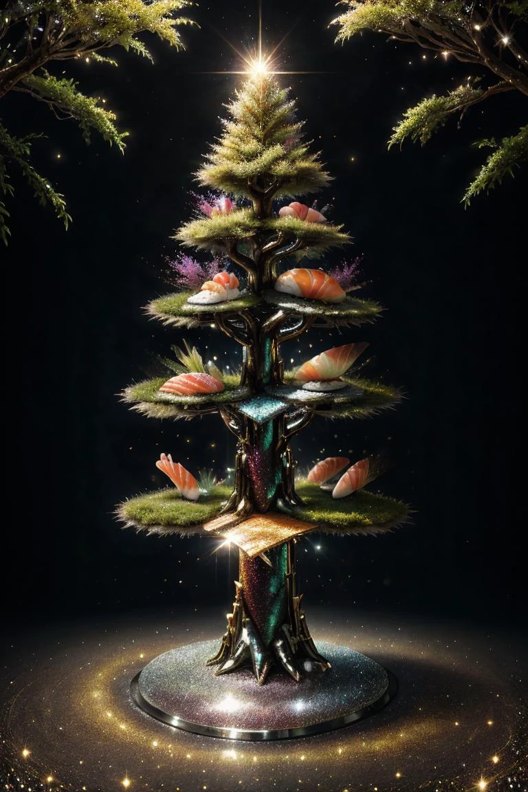 photograph in the style of glitter and chrome, sushistyle tree, <lora:add_detail:0.2> <lora:Glitter_and_Chrome:0.8> <lora:SushiStyle:0.8>