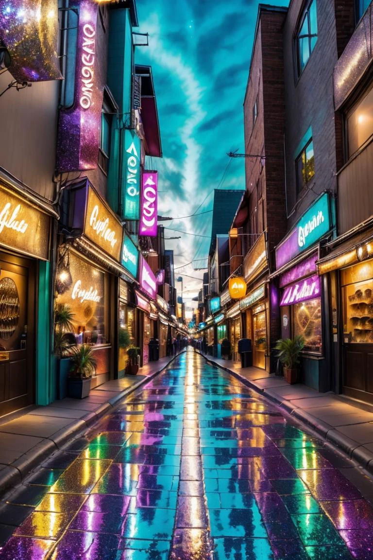photograph, a glitter and chrome street at night with shops and buldings, <lora:add_detail:0.25> <lora:Glitter_and_Chrome:1.2>