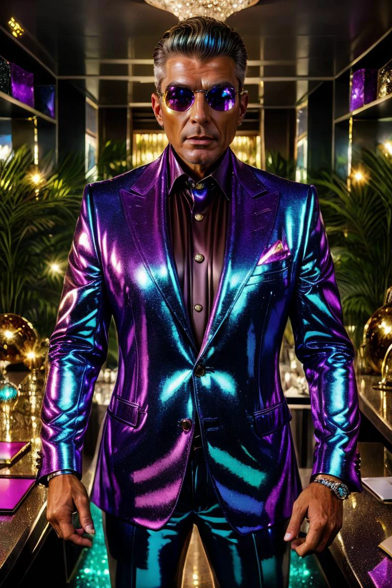 photograph, a glitter and chrome business suit worn by a mature rich powerful magnate in his upscale offices, <lora:add_detail:0.25> <lora:Glitter_and_Chrome:1.2>