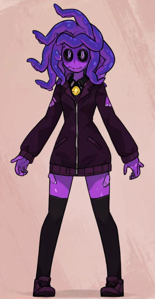 tentacle hair, score_9, monsterprom, 1girl, solo, purple skin, monster girl, black sclera, small pupils, round eyes,<lora:MonsterProm_XL:0.7>