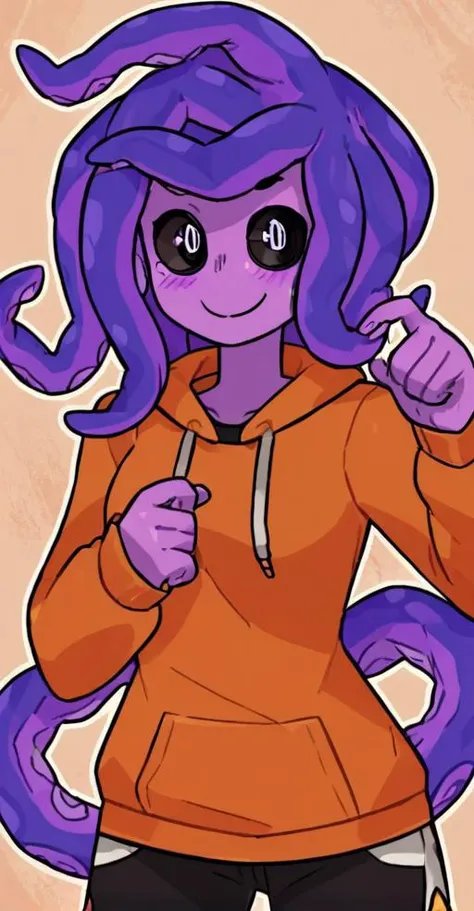 tentacle hair, score_9, monsterprom, 1girl, solo, purple skin, monster girl, black sclera, small pupils, round eyes, orange hoodie, <lora:MonsterProm_XL:0.7>