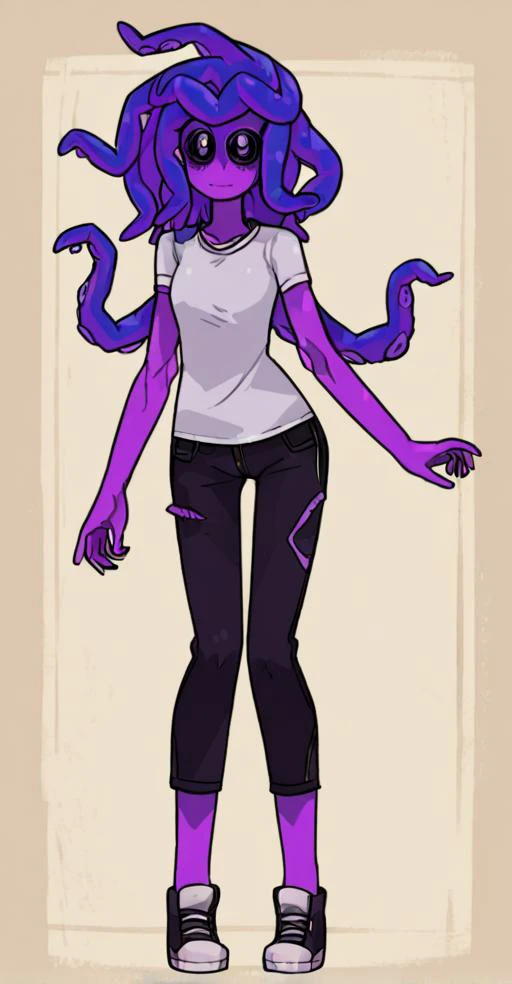 tentacle hair, score_9, monsterprom, 1girl, solo, purple skin, monster girl, black sclera, small pupils, round eyes,<lora:MonsterProm_XL:0.7>