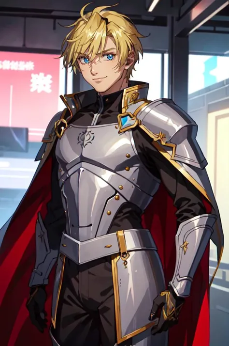 <lora:full_metal_panic:0.8> cowboy shot,, absurdres, ultra detailed, masterpiece, best quality, aesthetic, detailed,, solo, smile, 1boy, blue eyes, medium blonde hair, parted bangs, hair intakes, male focus, muscular male,, armor, pauldrons, cuirass, gauntlets, waist cape, greaves, black bodysuit, surcoat, shoulder sash, wing shoulder armor, cape, pants,