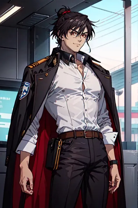 <lora:full_metal_panic:0.8> cowboy shot,, absurdres, ultra detailed, masterpiece, best quality, aesthetic, detailed,, solo, smug smile, 1boy, red eyes, <lora:Tsurime3:0.7>, (tsurime:1.2), black hair, undercut, top knot, parted bangs, long bangs, bangs, short hair, hair intakes, tall,, <lora:StS-Coat-and-Jacket-On-Shoulders-Iteration2:0.7> dataset, jacket on shoulders, (coat on shoulders:1.3), black coat, dress shirt, sleeves rolled up, fingerless gloves, holster, pants, belt, multiple belts, combat boots, bulletproof vest, tactical clothes,