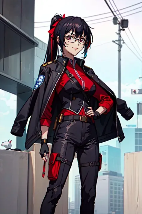 <lora:full_metal_panic:0.8> cowboy shot,, absurdres, ultra detailed, masterpiece, best quality, aesthetic, detailed,, solo, smug smile, 1girl, purple eyes, red-framed eyewear, (black hair, red colored tips:1.2), red streaked hair, very long hair, side ponytail, tied hair, medium breasts,, <lora:StS-Coat-and-Jacket-On-Shoulders-Iteration2:0.7> dataset, jacket on shoulders, coat on shoulders, red dress, sleeves rolled up, fingerless gloves, holster, belt, multiple belts, combat boots, bulletproof vest, pants, black coat, tactical clothes,
