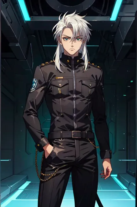 <lora:full_metal_panic:0.8> cowboy shot,, absurdres, ultra detailed, masterpiece, best quality, aesthetic, detailed,, solo, 1boy, teal eyes, <lora:Tsurime3:1>, (tsurime:1.2), parted bangs, white hair, medium hair, straight hair, shoulder-length hair, male focus,, coat, shirt, pants, studded belt, multiple belts, combat boots, torn clothes, necklace, black coat, black and green theme,