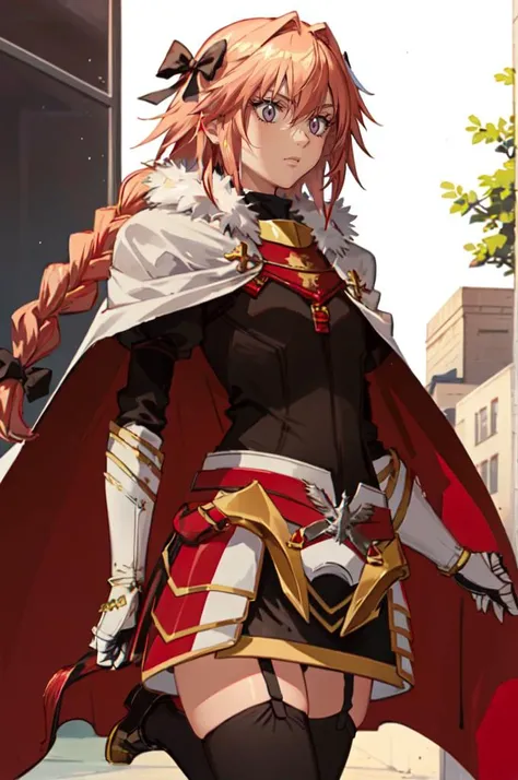 <lora:full_metal_panic:0.8> cowboy shot, <lora:AstolfoFate:0.8> astarmor, single braid, long braid, cape, gauntlets, garter straps, thighhighs, black footwear,, absurdres, ultra detailed, masterpiece, best quality, aesthetic, detailed,