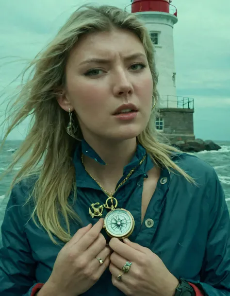 As Dasha, a fearless blonde with long, tousled hair and striking features, stands alone on the historic lighthouse perched above the turbulent waters, she flaunts her resilient physique and dons stylish waterproof clothing accented by marine life prints; her piercing eyes focus on the viewer, while one hand clasps a brass compass pendant symbolizing exploration and adventure, as the other restlessly caresses her earrings and necklace. <lora:rnpxuq18f20eee557m67:1>