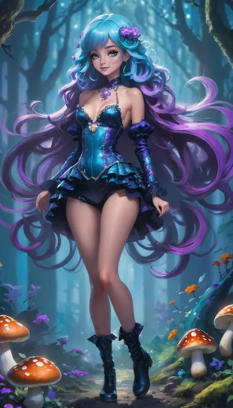 Whole body, in the wonderful and mysterious (bioluminescent mushroom forest:1.3) a beautiful young witch with (multicolored blue fur:1.1) (with purple reflections:1.3) and a figure is gathering ingredients while (small bugs with iridescent scales:1.2) look at her with curiosity, (Exotic lace costume with detailed ornate decorations, steering wheels:1.3), blue-green eyes, thigh high boots, fantasy style, Vintage style, Beautiful expressive eyes, shiny skin, dynamic pose, (camel toe:1.1), (smile:1.1), Rays of moonlight, dramatic lighting, smoky eyes, small and perky breasts, hourglass figure, narrow waist, perfect hands, good hands, Bold lines, masterpiece, Best Quality