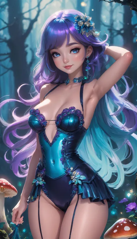 full body, in the wondrous and mysterious (bioluminescent mushroom forest:1.3) a beautiful young witch with (multicolored blue hair:1.1) (with purple highlights:1.3) and a petite figure is gathering ingredients while (small critters with iridescent scales:1.2) watch her curiously, (exotic lace costume with detailed ornate decorations, frills:1.3), thigh boots, fantasy style, vintage style, beautiful expressive eyes, glossy skin, dynamic pose, (hands behind head:1.1), (smile:1.1), beams of moonlight, dramatic lighting, smokey eyes, small perky breasts, hourglass figure, narrow waist, perfect hands, nice hands, bold lines, masterpiece, best quality