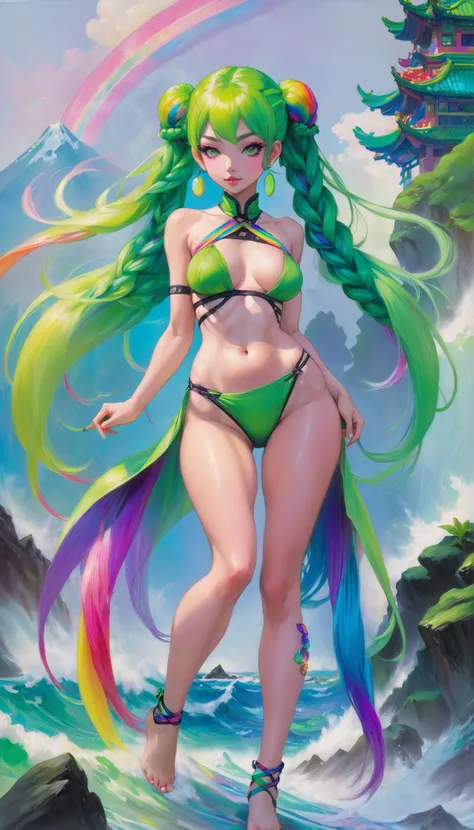 KOF warrior kicking, light blue lingerie bare chest long legs blue eyes, green hair in a bamboo forest