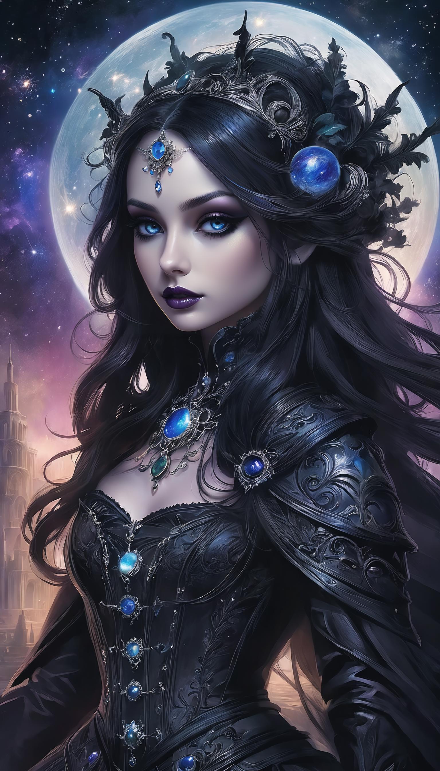 A woman with a black dress and a blue headpiece in front of a full moon ...