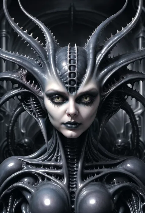 <lora:add-detail-xl:2.0>, h.r. giger, detailed expressive eyes, fantasy style, the gelatinous chumblewup, a guardian of the much smaller web-footed chumblewarts, it is a creature with magical proptimating robgoffler etched into its chitinous armor plates, standing sentinel in an overgrown ruin filled with confrenctioned artifacts<lora:EnvyMonsterXL01:1>