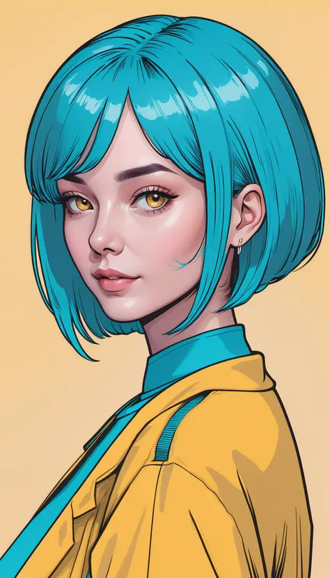 simple background, yellow  background,
mature woman  aged between 30 to 40 years old,
side-parted short hair ,
turquoise  hair,
deep skin,
delicate eyebrows ,
 <lora:anime_style_lora_xl:1>, lineart, outline, flat colors, 1990s \(style\)