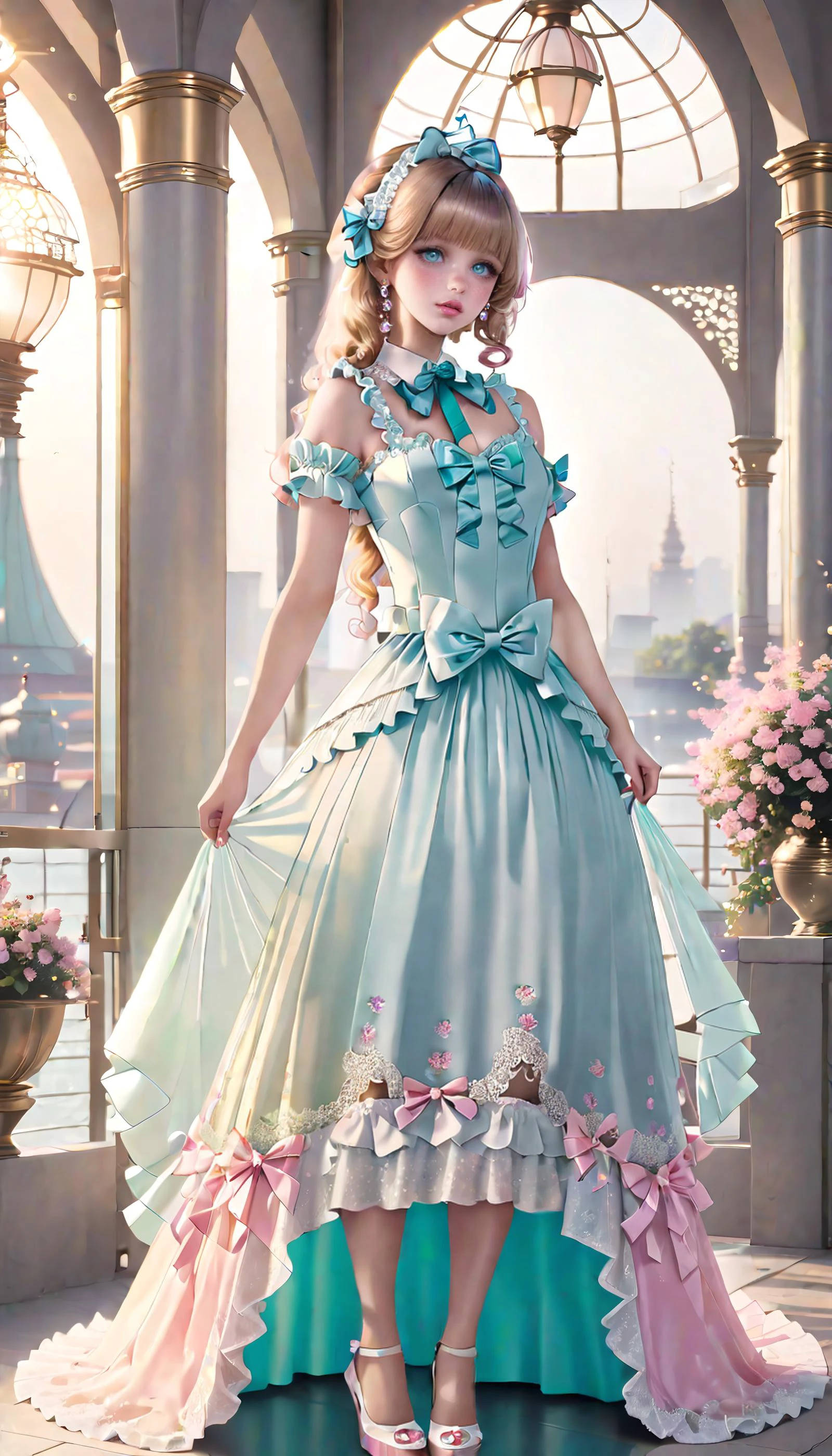 f/1.4 lens, anime style, 1girl, (full body:1.4), <lora:add-detail-xl:3.0>, fractal design, glowing white skin, <lora:xl_princess_dress-1.0:0.8>, (bows), wearing a sweet pretty delicate dress, bell shaped skirt, soft body, narrow waist, (pastel colors:1.4), (natural sunlight, interior, in a Casual foundry:1.3)
