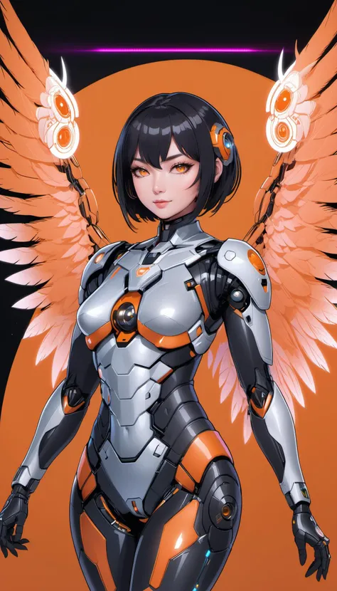 simple background, orange background,
mature woman aged between 40 to 50 years old,
short hair ,
black hair,
dark skin,
<lora:anime_style_lora_xl:0.8>, anime style, lineart, outline, glowing effects,
advanced mechanical bird, high-tech alloy feathers, intelligent AI core, laser-beam eyes, jet propulsion wings, intricate gear systems, futuristic design, metallic sheen, neon accents