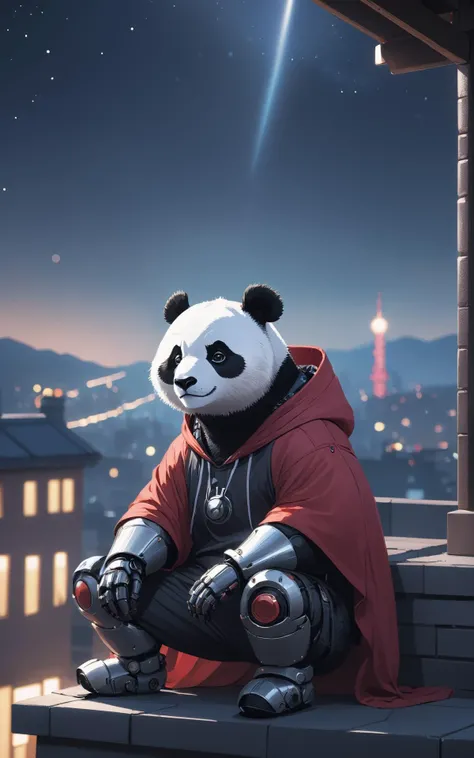 cinematic film still a cyborg anthropomorphic giant panda male furry sitting solo on rooftop, He has mechanical arms, mechanical hands, mechanical legs and mechanical boots, gloves, humanoid foot, He wears short sleeves red hoodie, cloak, baggy clothes, baggy shorts, looking afar, city below, backlighting, night, moonlight, starry sky, shooting star, constellation . shallow depth of field, vignette, highly detailed, high budget, bokeh, cinemascope, moody, epic, gorgeous, film grain, grainy