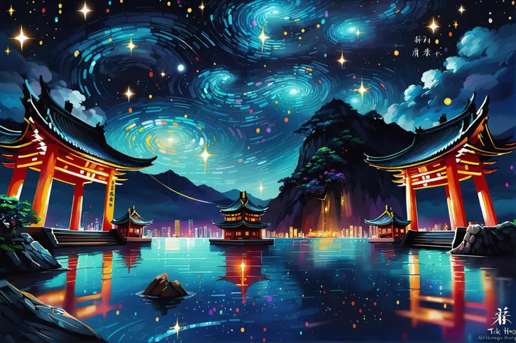 digital painting, magical starry sky, dark sky, scenery, Tiki Hong Kong in a Oracle's Gazing Pool<lora:EnvyMoonriseXL01:1>