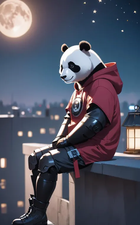 cinematic film still a cyborg anthropomorphic giant panda male furry sitting solo on rooftop, He has mechanical arms, mechanical hands, mechanical legs and mechanical boots, gloves, humanoid foot, He wears short sleeves red hoodie, cloak, baggy clothes, baggy shorts, looking afar, city below, backlighting, night, moonlight, starry sky, shooting star, constellation . shallow depth of field, vignette, highly detailed, high budget, bokeh, cinemascope, moody, epic, gorgeous, film grain, grainy