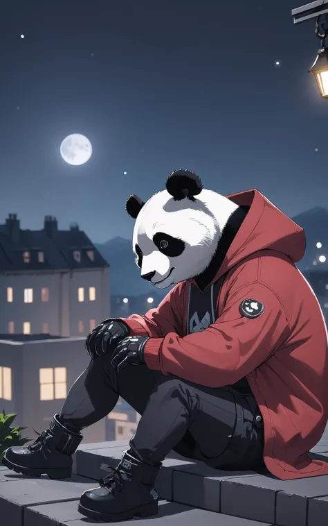 cinematic film still a cyborg anthropomorphic giant panda male furry sitting solo on rooftop, He has mechanical arms, mechanical hands, mechanical legs and mechanical boots, gloves, humanoid foot, He wears short sleeves red hoodie, cloak, baggy clothes, baggy shorts, looking afar, city below, backlighting, night, moonlight, starry sky, shooting star, constellation . shallow depth of field, vignette, highly detailed, high budget, bokeh, cinemascope, moody, epic, gorgeous, film grain, grainy