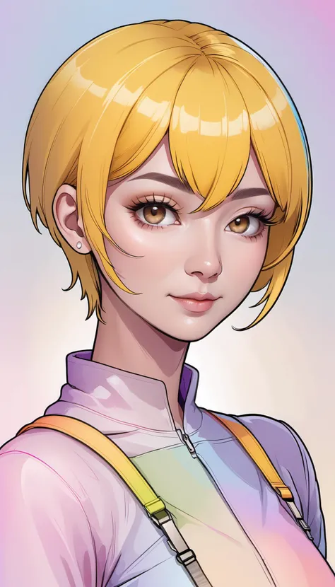 simple background, rainbow background,
mature woman aged between 30 to 40 years old,
pixie cut ,
yellow hair,
brown skin,
delicate eyebrows ,
<lora:anime_style_lora_xl:1>, lineart, outline