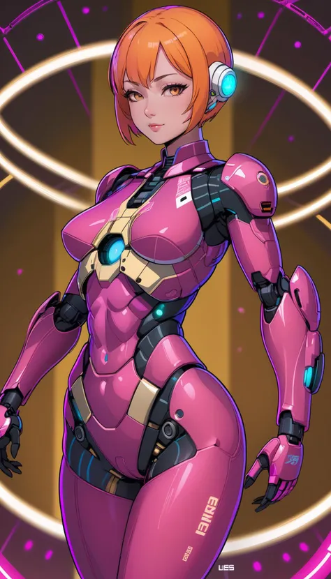 simple background, magenta background,
mature woman aged between 40 to 50 years old,
buzz cut ,
orange hair,
brown skin,
<lora:anime_style_lora_xl:0.8>, anime style, lineart, outline, glowing effects,
high-tech bodysuit, advanced mechanical arms, intricate circuit patterns, glowing accents, reinforced armor plating, hydraulic joints, integrated weapons systems