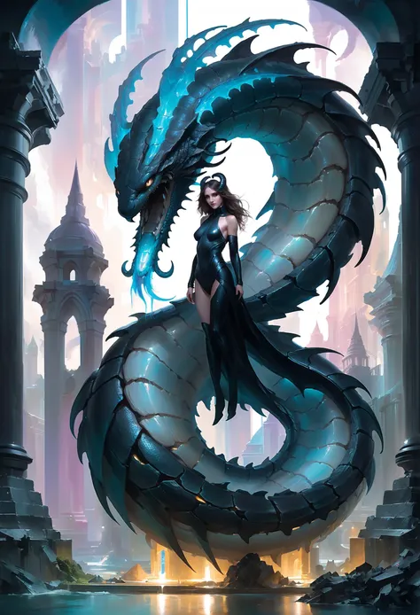 <lora:add-detail-xl:2.0>, casey baugh, detailed expressive eyes, fantasy style, a colossal serpent-like celestial dinglenub coils around the tragulified architecture in the dimarified ruins of a pugyfied city, its iridescent scales reflecting the light of a glowing azure gnipfe<lora:EnvyMonsterXL01:1>