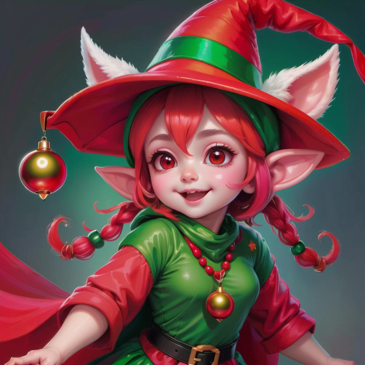 hyper detailed masterpiece, dynamic realistic digital art, awesome quality, Small humanoid creature, Pointed ears, Bright and festive attire, red, green, holiday colors, pointed hat with a bell on the tip, Merry cheerful expression, Rosy cheeks, lively eyes,