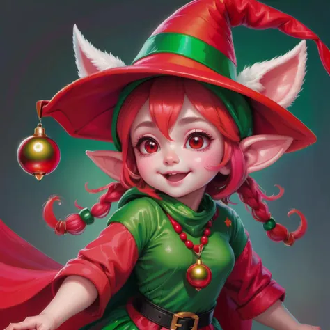 hyper detailed masterpiece, dynamic realistic digital art, awesome quality,  Small humanoid creature, Pointed ears,  Bright and festive attire, red, green, holiday colors,  pointed hat with a bell on the tip,   Merry cheerful expression, Rosy cheeks, lively eyes,