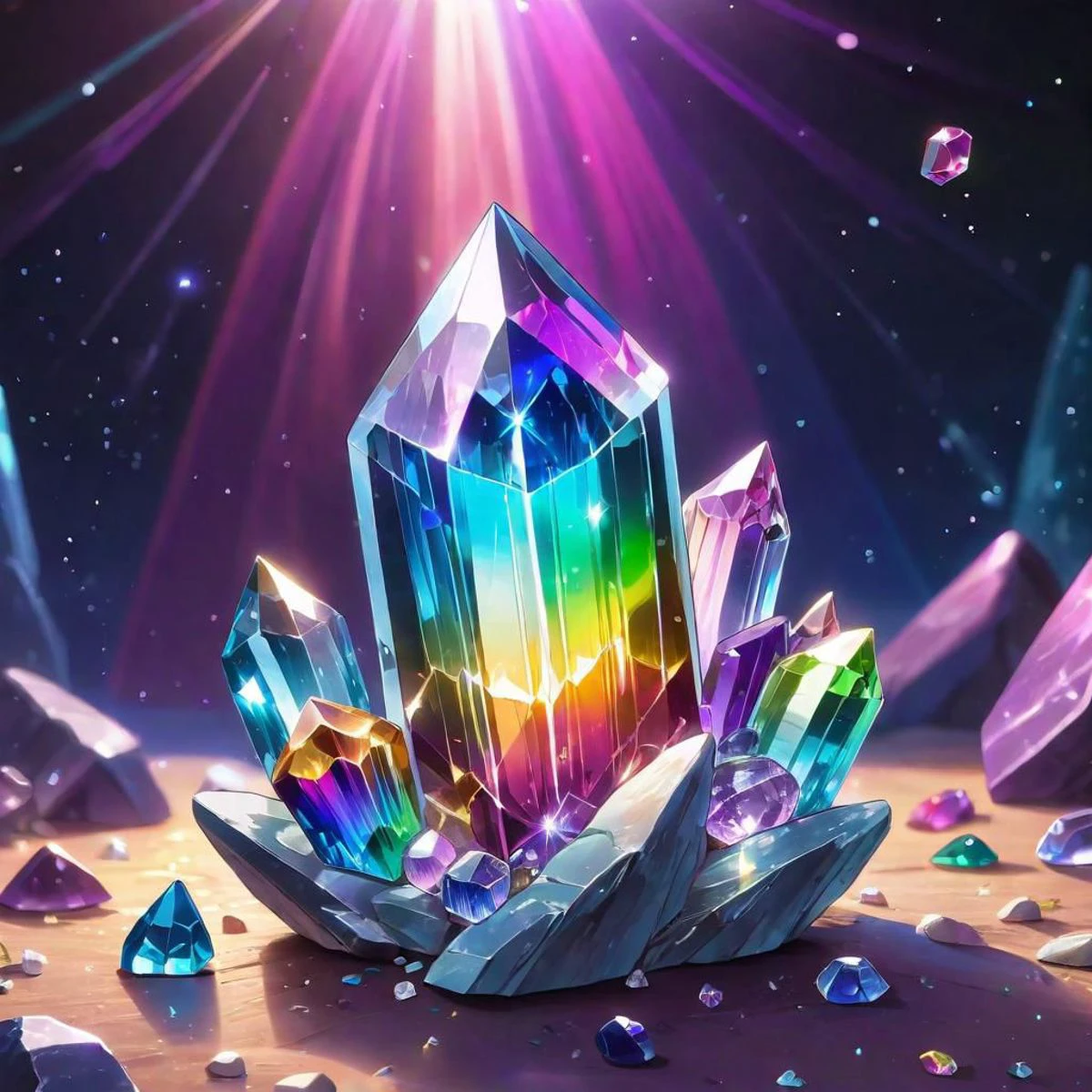 Magical mystical crystals floating in the air, crystals in space, energy infused crystals, electrical crystal stones, electricity, deep vast galaxy full of rainbow crystals, colorful crystals, mystical universe, raw galaxy crystals, rainbow colors, glowing aura around crystal, shiny crystal stones, crystals within crystals, sparking stardust, high quality, high resolution, masterpiece, 4K, photography, sharp photo, render.