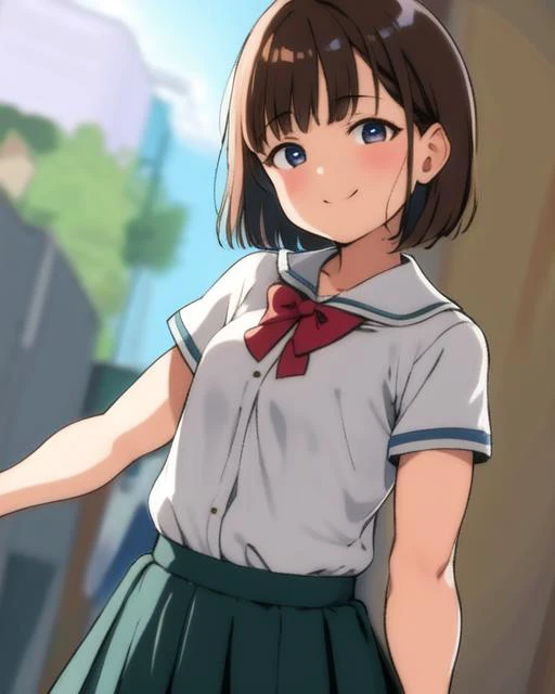 (alp), (sfw), 1girl, blush, smile, cowboy shot, dynamic angle, arms behind back, small breasts, looking_at_viewer, school_uniform, shirt, skirt, <hypernet:alp:1>